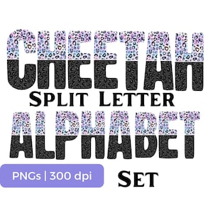Juego de letras divididas con diseño de guepardo, alfabeto con estampado de guepardo en acuarela, fuente con purpurina falsa, números, letras y símbolos, para usar en bricolaje e impresión a pedido