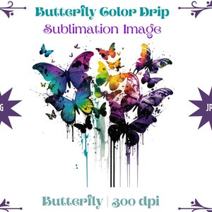 Rainbow Butterfly Watercolor Clipart: Color Drip PNG JPEG (Digital Download)