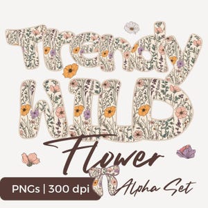 Conjunto de alfabeto de flores silvestres de moda PNG, elegantes letras, números y símbolos florales para jardín, para usar en bricolaje y POD, clipart de floración adicional incluido