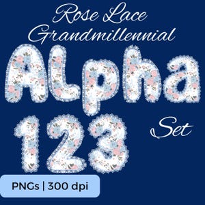 Grandmillennial Rose Lace Alphabet PNG Bundle, Floral Letters with Lace Border, A–Z a–z Numbers Symbols, 8 Design Elements, POD Use Allowed