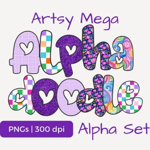 Paquete PNG de alfabeto artístico, 5 diseños, conjuntos de fuentes Doodle con letras mayúsculas y minúsculas, números, símbolos y 18 elementos artísticos, apto para POD.