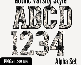 May include: Gothic Varsity Style alpha set featuring letters A, B, C, D and numbers 1, 2, 3, 4. The letters and numbers are black with a floral pattern and skull accents. The image also includes the text "PNGs | 300 DPI" and "Alpha Set".