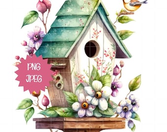 Watercolor Birdhouse Clipart: Spring Floral Image (JPEG, PNG)