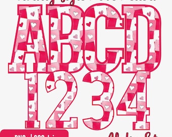 May include: Varsity-style alphabet and numbers in red and white, filled with heart-patterned envelopes. The letters A, B, C, D and numbers 1, 2, 3, 4 are displayed. The words "Varsity Style Love Letters", "PNGs | 300 dpi", and "Alpha Set" are also visible.