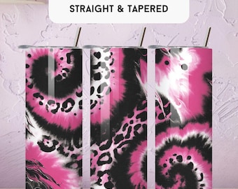 May include: Three 20 oz tumbler wraps with a pink, black, and white design. The tumblers have a straight and tapered design. The design includes a tie-dye and leopard print pattern. Each tumbler has a silver lid and a silver straw.