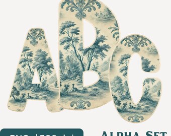 Vintage French Blue Toile Alphabet: Retro PNG Font (Digital Download)