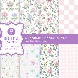 Grandmillennial Digital Paper Pack, Pastellblumen, Gingham und Schachbrettmuster, 12 JPEGs, Junk Journal, DIY, POD-Nutzung erlaubt
