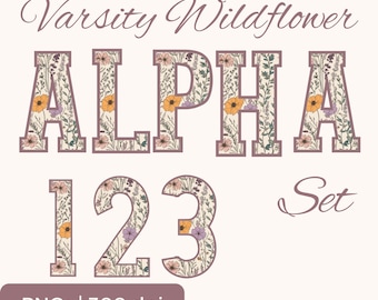 May include: Varsity Wildflower Alpha 123 Set. The image features the letters ALPHA and numbers 123, each filled with a floral design of orange, pink, and purple flowers. The text "Varsity Wildflower" and "Set" are also present.
