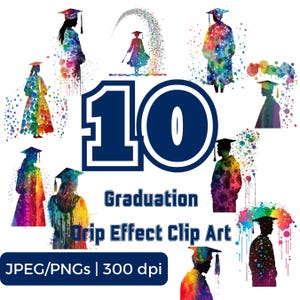 Clipart de silueta de graduación, paquete de graduación con efecto de goteo, PNG de graduación, imágenes de graduación en colores primarios, descarga digital, uso de POD permitido