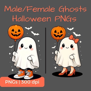 Cute Halloween Ghost PNG Set, Male & Female Ghost with Jack-o&#39;-Lantern Balloon and Orange Shoes, Trick-or-Treat Fun Clipart, POD Use Allowed