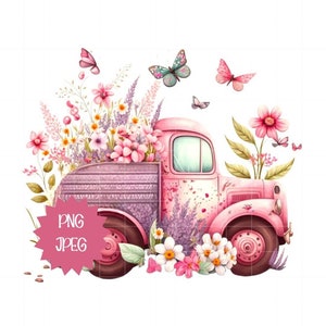 Retro Pink Floral Truck Clip Art: Vintage Farmhouse PNG (Digital Download)