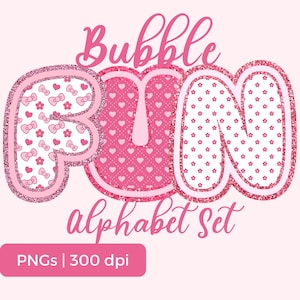 Conjunto de letras divertidas Bubble Coquette, alfabetos PNG de moda, tres diseños incluidos, fuente Bubble elegante, letras prediseñadas estéticas, uso DIY y POD