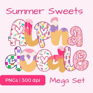 Summer Sweets Alphabet PNG Bundle, 6 Doodle Font Sets with Upper & Lowercase Letters, Numbers, Symbols, 14 Sweet Bonus Elements, POD Use OK