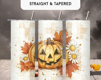 May include: A set of three 20 oz tumbler wraps with a fall theme. Each tumbler features a pumpkin, fall leaves, and daisies on a white background with a grid pattern. The text "20 OZ TUMBLER WRAP STRAIGHT & TAPERED" is at the top.