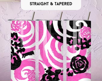 May include: Three 20 oz tumbler wraps with a pink, black, and white design. The tumblers feature a mix of floral, animal print, and abstract patterns. Each tumbler has a silver straw and the text "20 OZ TUMBLER WRAP STRAIGHT & TAPERED".