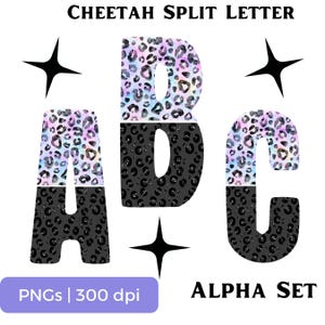 Juego de letras divididas con diseño de guepardo, alfabeto con estampado de guepardo en acuarela, fuente con purpurina falsa, números, letras y símbolos, para usar en bricolaje e impresión a pedido