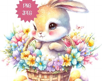 Easter Bunny PNG: Flowers Basket Sublimation Image (Digital Download)