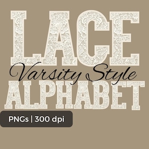 Conjunto de letras PNG del alfabeto universitario de encaje, imágenes prediseñadas de alfabeto, números, letras y puntuación PNG, alfabeto de encaje para bricolaje, se permite el uso de impresión a pedido