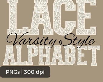 Alfabeto universitario de encaje PNG: Letras, números y signos de puntuación (descarga digital)