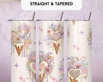 May include: A set of three 20 oz. tumbler wraps with a whimsical design. Each tumbler features a heart-shaped design with a leopard print pattern, flowers, and an ice cream cone. The text "20 OZ TUMBLER WRAP STRAIGHT & TAPERED" is at the top.