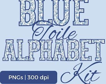 May include: A light blue graphic with the words "BLUE Toile ALPHABET Kit". The letters are filled with a blue floral pattern. A dark blue rectangle at the bottom reads "PNGs | 300 dpi".