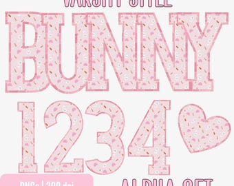 May include: Pink varsity-style "BUNNY" letters and numbers 1, 2, 3, and 4, plus a heart shape. The letters and numbers have a pattern of bunnies, carrots, and rainbows. The words "VARISTY STYLE" and "ALPHA SET" are also included.