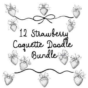 Kokette Erdbeere PNG Bundle, Graustufen Doodle-Stil Clipart mit Schleifen, 12 Erdbeeren Grafiken für DIY Basteln und Print on Demand-Nutzung