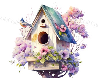 Spring Garden Birdhouse Design Garden Clipart PNG Garden Birds Sublimation Floral Birdhouse Clip Art for Crafts Scrapbooking