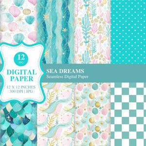 Paquete de papel digital con temática marina, patrones oceánicos modernos, lunares, líneas y tablero de ajedrez, 12 JPEG sin costuras para diarios basura, uso POD permitido