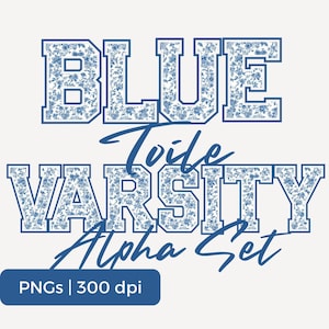 Conjunto de letras PNG de estilo universitario en toile azul, números del alfabeto y puntuación PNG de imágenes prediseñadas, toile azul para uso de impresión a pedido DIY permitido