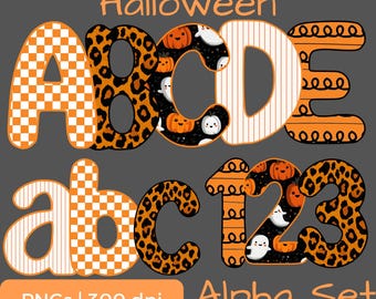 May include: A Halloween-themed alphabet and number set in orange, white, and black. The letters and numbers feature patterns like checkered, leopard print, and pumpkin and ghost illustrations. The words "Halloween" and "Alpha Set" are also included.