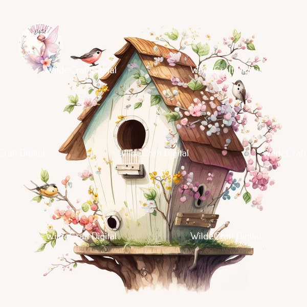 Spring Birdhouse Graphic Clipart Watercolor Birdhouse JPEG Image Bird Floral Graphic PNG Bird House Digital Download for Junk Journal