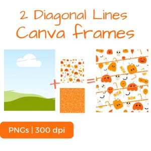 Puede incluir: Diseño gráfico digital con el texto "2 Diagonal Lines Canva Frames". La imagen incluye un paisaje, un patrón con calabazas y una textura de purpurina naranja. La imagen final muestra un patrón temático de Halloween.