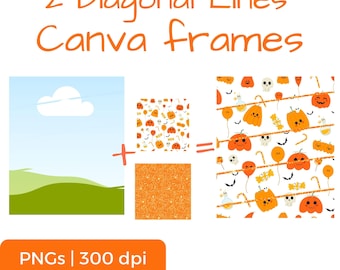 May include: A digital graphic design featuring the text "2 Diagonal Lines Canva Frames." The image includes a landscape scene, a pattern with pumpkins, and an orange glitter texture. The final image shows a Halloween-themed pattern.