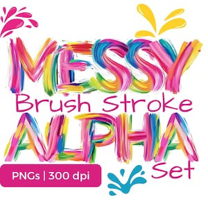 Juego de trazos de pincel de pintura desordenados de colores brillantes, letras y símbolos, letras de pintura desordenada para maestros, uso de impresión a pedido para bricolaje permitido