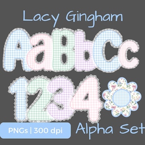 Bundle PNG en dentelle Vichy, bordure en dentelle rose, quatre couleurs, symboles chiffres de A à Z, lettres majuscules et minuscules, utilisation POD autorisée