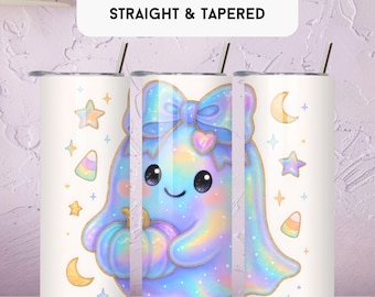 May include: White 20 oz tumbler wrap with a cute ghost design. The ghost is pastel blue with a bow, holding a pumpkin, and surrounded by stars, moons, and candy corn. The tumbler has a silver lid and straw.