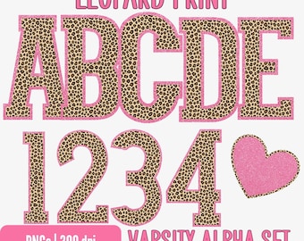May include: A pink and leopard print varsity alpha set. The set includes the letters A, B, C, D, and E, the numbers 1, 2, 3, and 4, and a heart. The text "LEOPARD PRINT" and "VARISTY ALPHA SET" are also included.