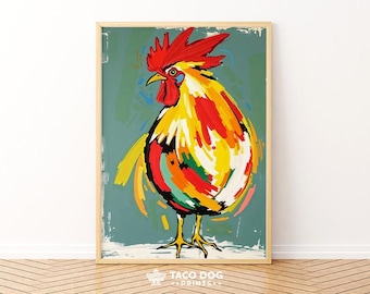 Impresión abstracta de gallo, arte mural colorido de estilo rústico (descarga digital)