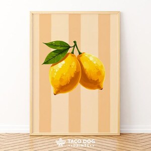 Lemon Digital Wall Art Printable Yellow Fruit Kitchen Decor Bright Summer Citrus Artwork with Striped Background for Farmhouse or Cafe