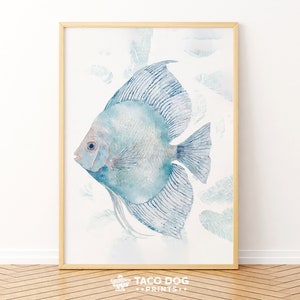 Discus Fish Print, Modern Coastal Wall Decor, Watercolor Artwork, Ocean Animals, Beach House Art, Blue Fish Painting, Digital Download