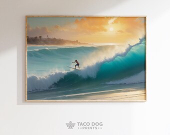 Sunset Surfer Ocean Wave Print | Coastal Beach House Art (Digital Download)
