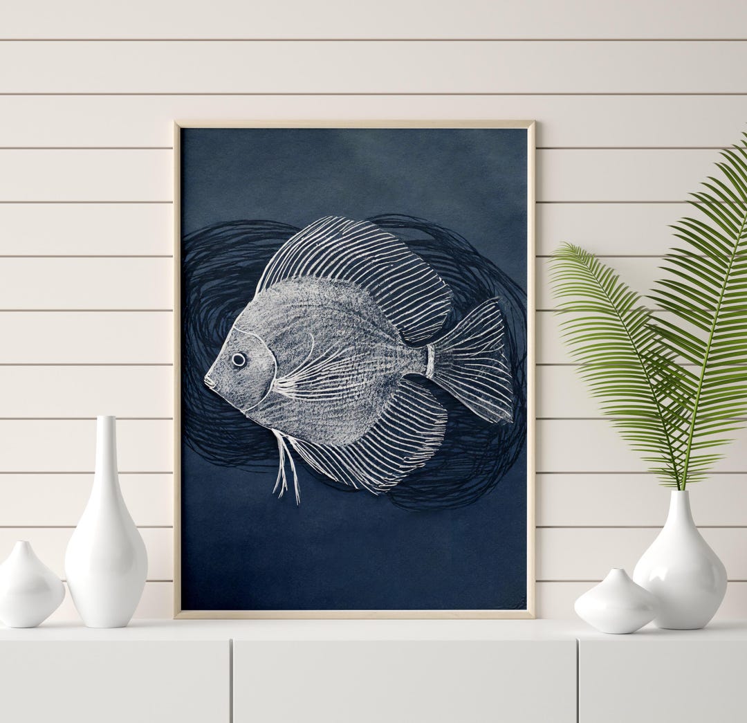 Discus Print Discus Fish Line Art Digital Print on Blue Background | Minimalist ...