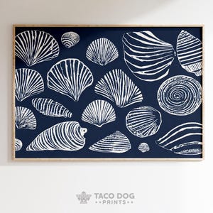 Nautical Seashell Digital Art, Coastal Beach Wall Print, Ocean Shell Pattern, Navy White Printable Art, Seashell Decor, Beach House Wall Art