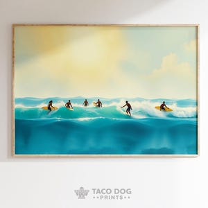 Tropical Surfer Digital Art Print with Blue Ocean Waves and Yellow Sky, Group Surf Scene Wall Decor, Beach Lifestyle Instant Download