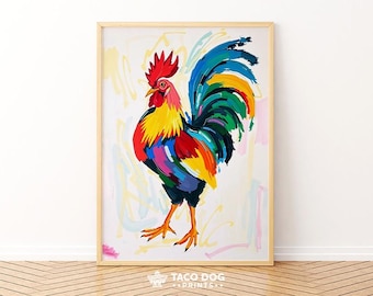 Impresión artística de un gallo colorido, pintura abstracta de pollo (descarga digital)