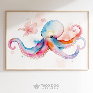 Floral Octopus Watercolor Digital Art Print, Colorful Sea Animal Nursery Wall Decor, Boho Ocean Octopus Illustration Instant Download
