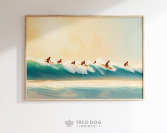 Sunset Surf Art Print, Surfers on Wave, Coastal Decor (Digital Download)