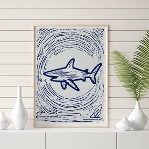 Shark Ocean Wall Art Digital Print in Blue and White | Nautical Sea Life Printable | Coastal Beach Decor for Surf and Marine-Themed Rooms