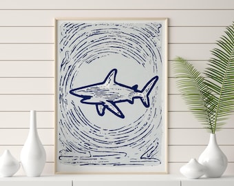 Stampa artistica di squalo blu / Decorazione costiera nautica (download digitale)